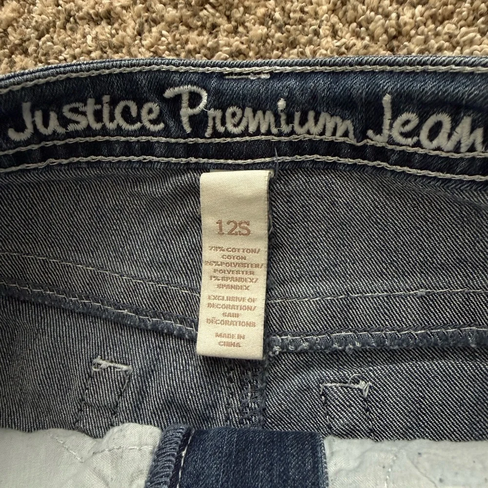 Justice Girls' Denim Shorts with Star & Stripe Patchwork - Blue, White, Red